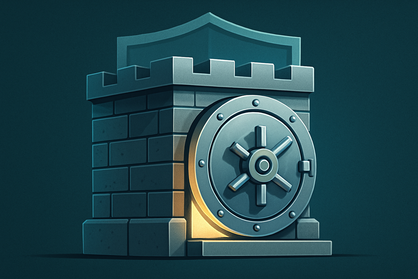 “A strong stone fortress vault glowing with inner light, symbolizing asset protection and security. Metallic textures with aqua highlights, shield motif in the background. Modern flat design with premium finish, optimized for Shopify service image.”