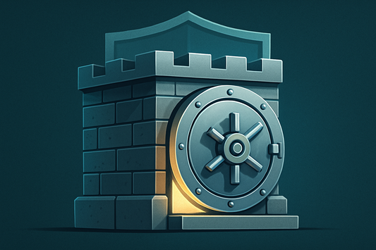 “A strong stone fortress vault glowing with inner light, symbolizing asset protection and security. Metallic textures with aqua highlights, shield motif in the background. Modern flat design with premium finish, optimized for Shopify service image.”