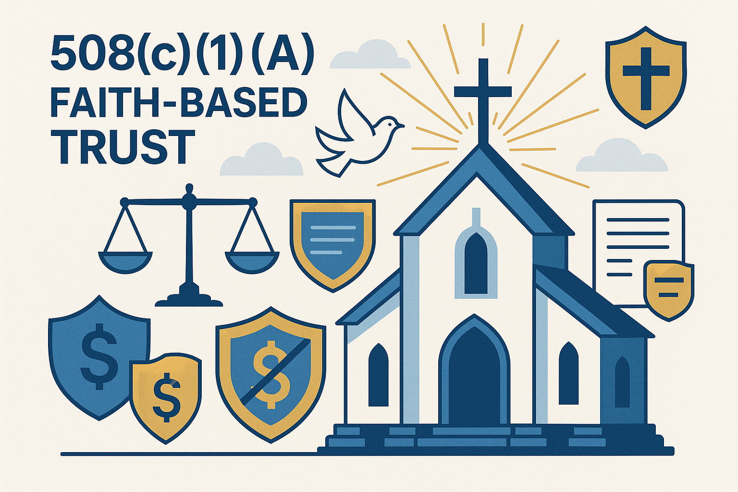 create an image based off my service description: 508(c)(1)(A) Faith-Based Trust

Ecclesiastical framework for ministries and spiritual orgs—tax-exempt without 501(c)(3) restrictions.

$5,997
Protects speech &amp; practice freedom
Private-law structure for ministry operations
Certification + schedules + onboarding
⚖️ Consultation required; fee credited upon engagement.
Book Consultation