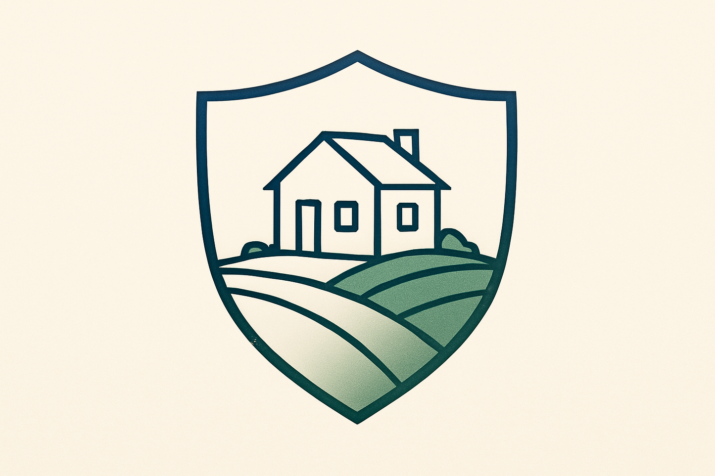“Elegant line art of a house and land inside a shield icon. Soft gradients of navy and green, symbolizing property protection. Flat, minimalist, premium style, designed for trust services Shopify storefront.”