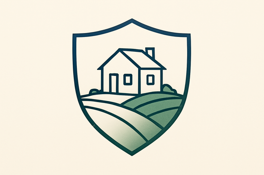 “Elegant line art of a house and land inside a shield icon. Soft gradients of navy and green, symbolizing property protection. Flat, minimalist, premium style, designed for trust services Shopify storefront.”