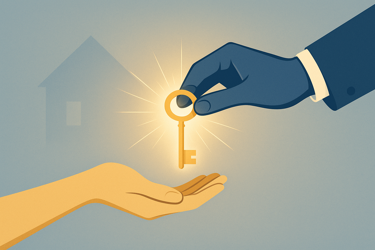 “Elegant minimalist family scene — a parent passing a glowing key to a child, symbolizing inheritance and legacy. Clean blue and gold tones, soft light, flat background with abstract house silhouette. Modern infographic style for website service image.”
