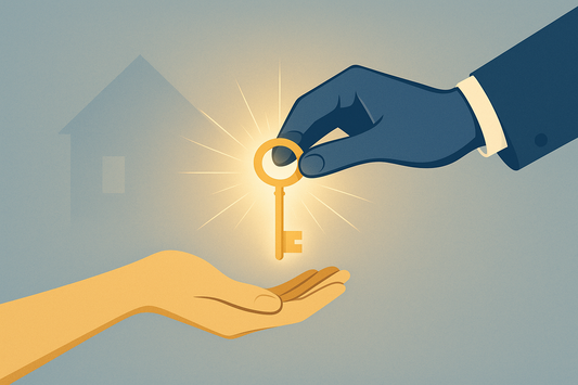“Elegant minimalist family scene — a parent passing a glowing key to a child, symbolizing inheritance and legacy. Clean blue and gold tones, soft light, flat background with abstract house silhouette. Modern infographic style for website service image.”
