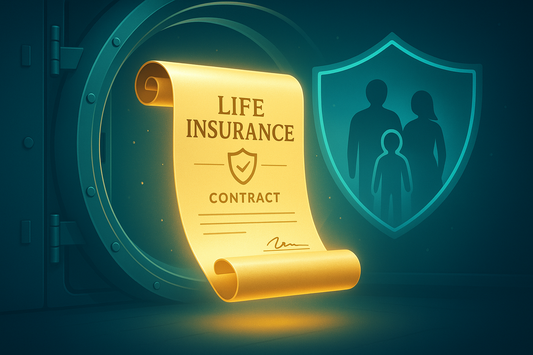 “Golden life insurance contract scroll floating inside a glowing vault, shield and family silhouettes in background. Premium gold and aqua highlights, clean digital illustration, symbolic and modern for website service image.”