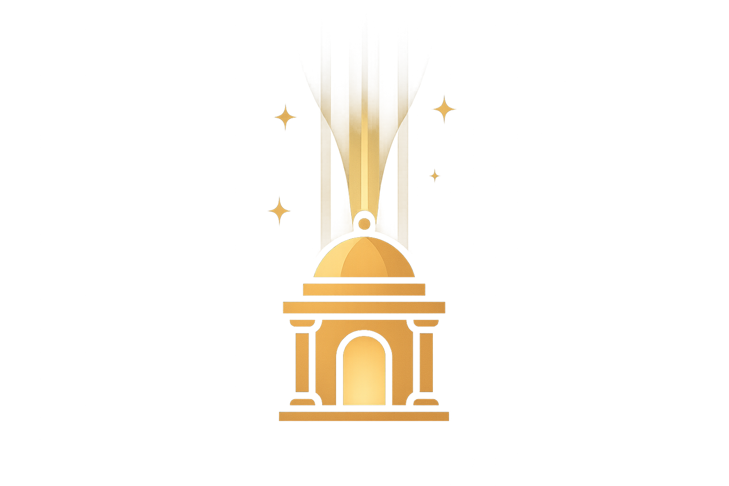 “Peaceful glowing temple with light shining upward, symbolizing freedom of faith and spiritual sovereignty. Modern flat icon style, cross-faith inclusive (no single religion), accented with gold and indigo. Abstract but professional for website service branding.”