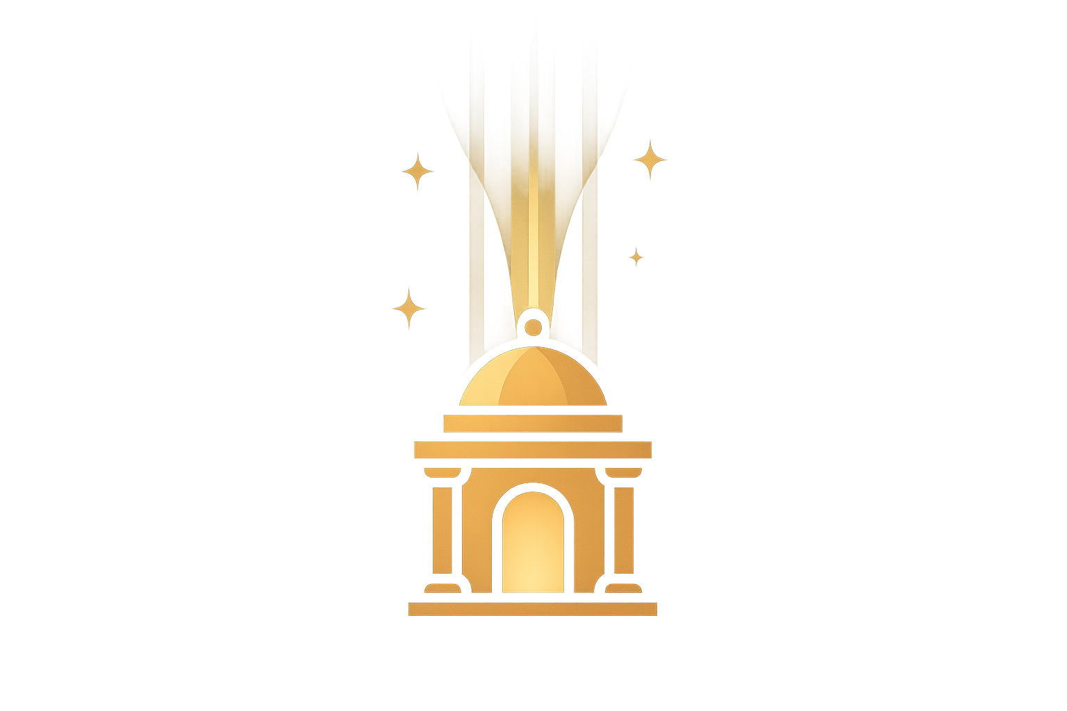 “Peaceful glowing temple with light shining upward, symbolizing freedom of faith and spiritual sovereignty. Modern flat icon style, cross-faith inclusive (no single religion), accented with gold and indigo. Abstract but professional for website service branding.”