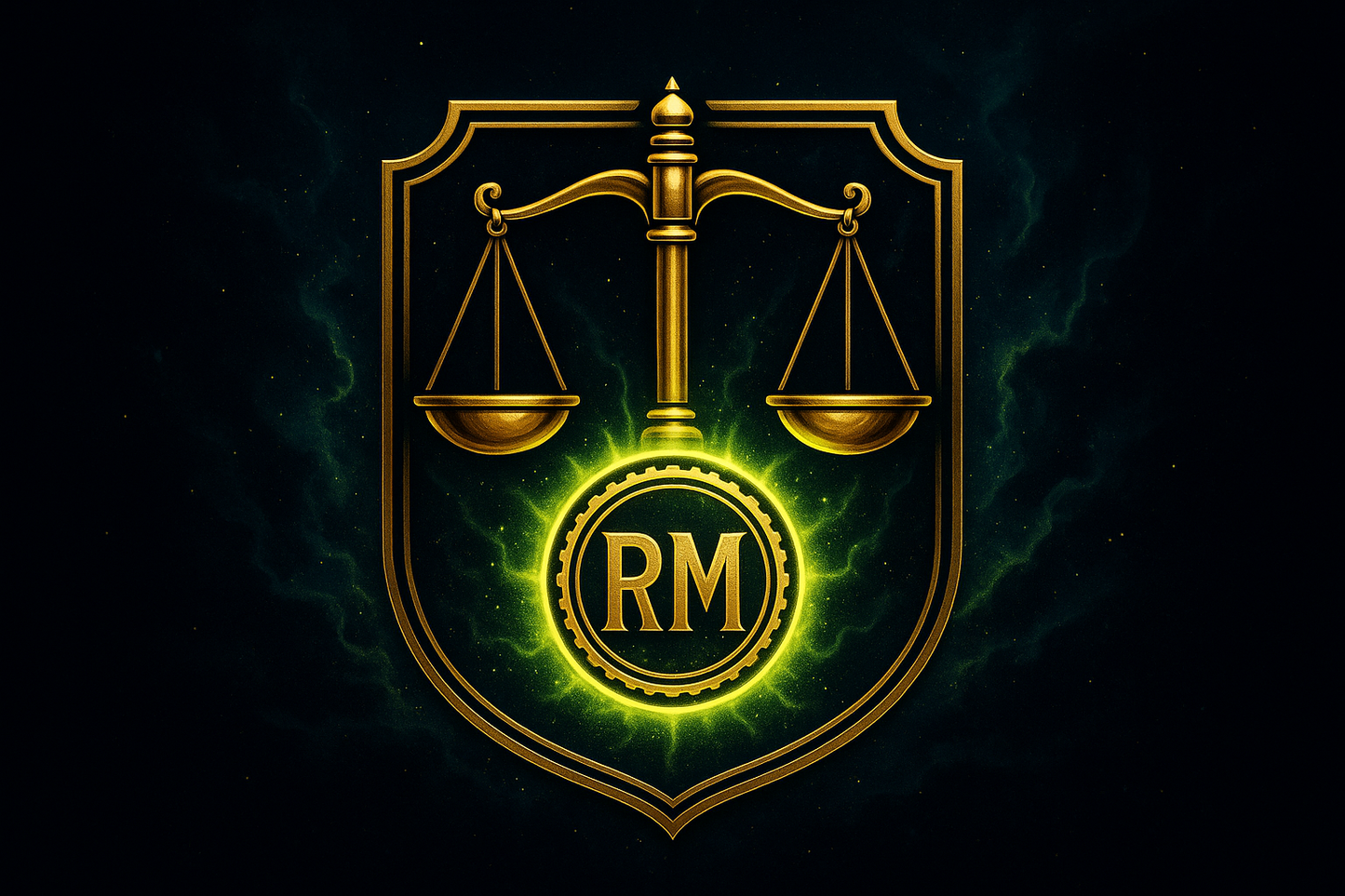 “Premium, sovereign-style emblem — golden scales of justice intertwined with a glowing Registered Mail stamp (stylized RM letters), cosmic background with deep navy and electric lime highlights. Futuristic, mystical yet corporate design, bold centerpiece for Shopify product.”