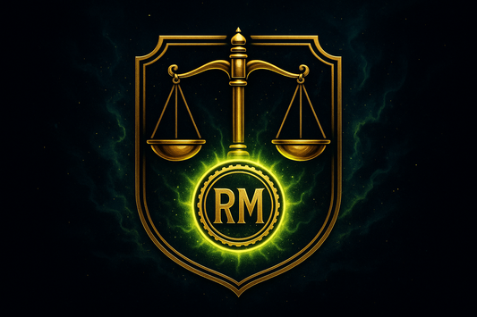 “Premium, sovereign-style emblem — golden scales of justice intertwined with a glowing Registered Mail stamp (stylized RM letters), cosmic background with deep navy and electric lime highlights. Futuristic, mystical yet corporate design, bold centerpiece for Shopify product.”