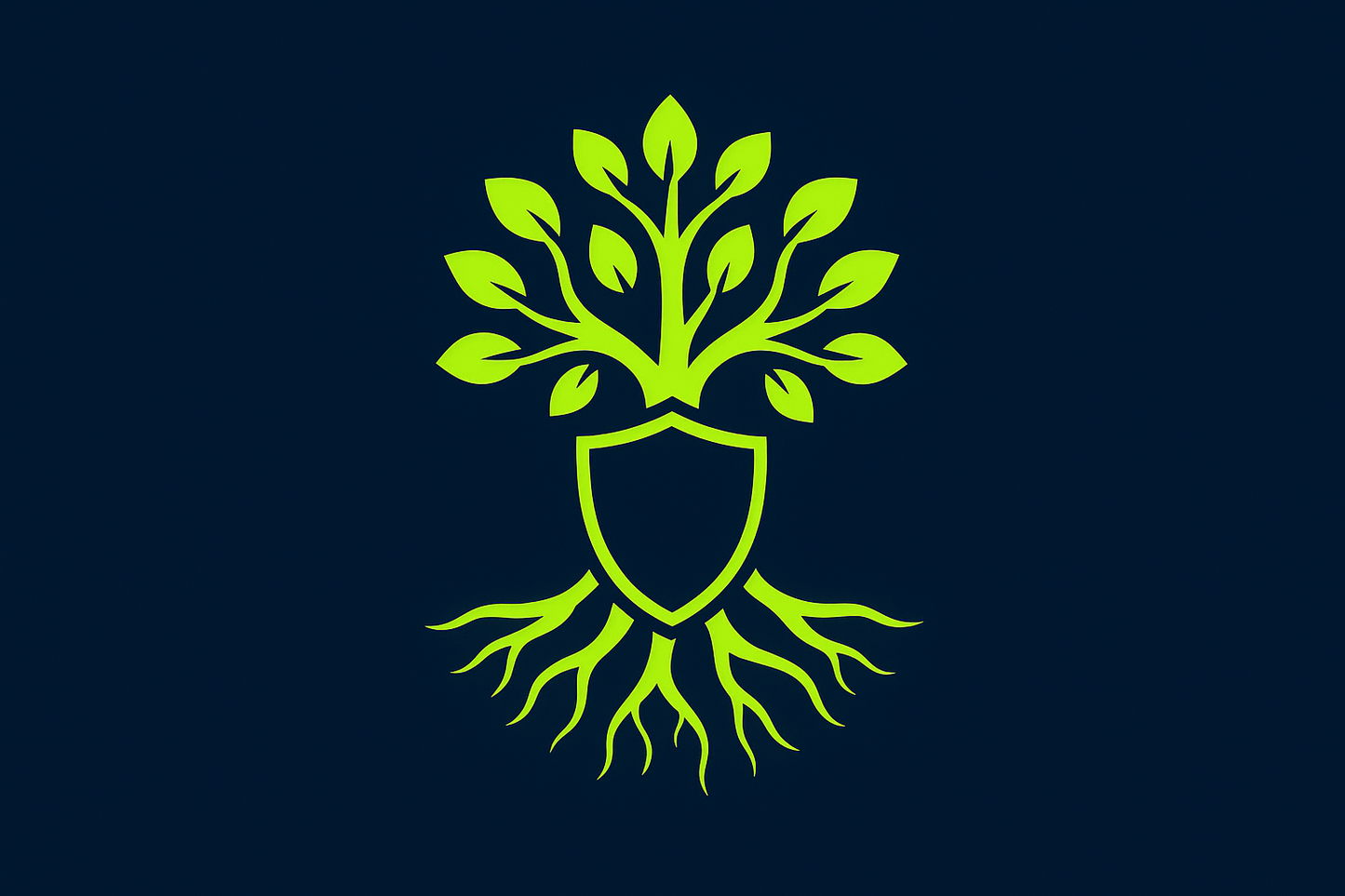 “Stylized tree with strong glowing roots wrapping around a shield, symbolizing preservation of wealth and Medicaid planning. Deep navy background, roots glowing in electric lime, clean flat design, professional icon aesthetic.”