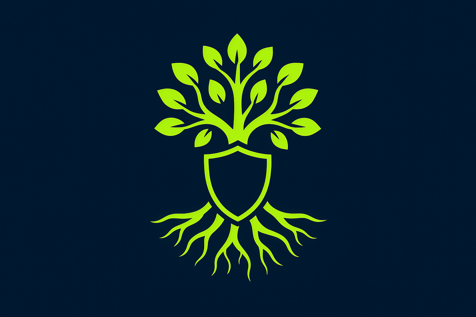 “Stylized tree with strong glowing roots wrapping around a shield, symbolizing preservation of wealth and Medicaid planning. Deep navy background, roots glowing in electric lime, clean flat design, professional icon aesthetic.”