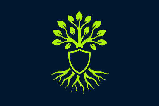 “Stylized tree with strong glowing roots wrapping around a shield, symbolizing preservation of wealth and Medicaid planning. Deep navy background, roots glowing in electric lime, clean flat design, professional icon aesthetic.”