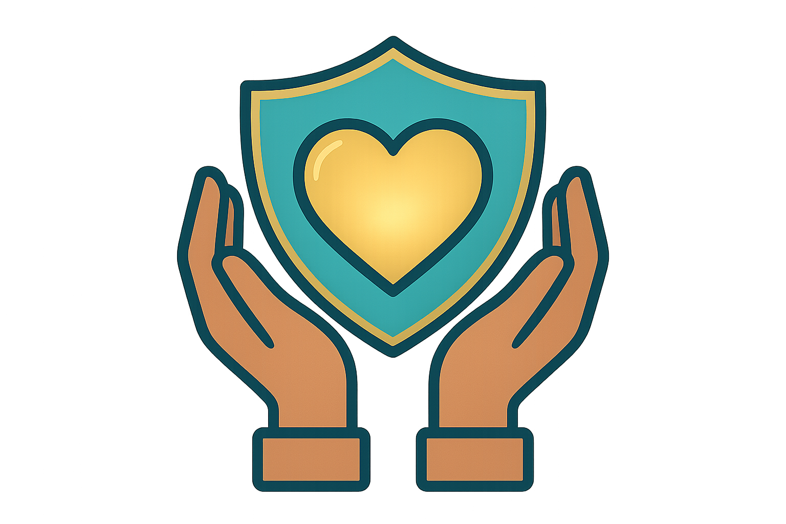 “Two copper colored hands gently holding a glowing heart with a protective shield behind it, symbolizing care and financial security for loved ones. Clean flat icon style with aqua and gold accents, compassionate yet professional look.”