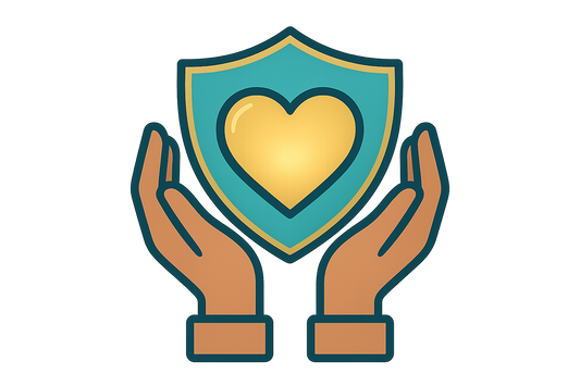 “Two copper colored hands gently holding a glowing heart with a protective shield behind it, symbolizing care and financial security for loved ones. Clean flat icon style with aqua and gold accents, compassionate yet professional look.”